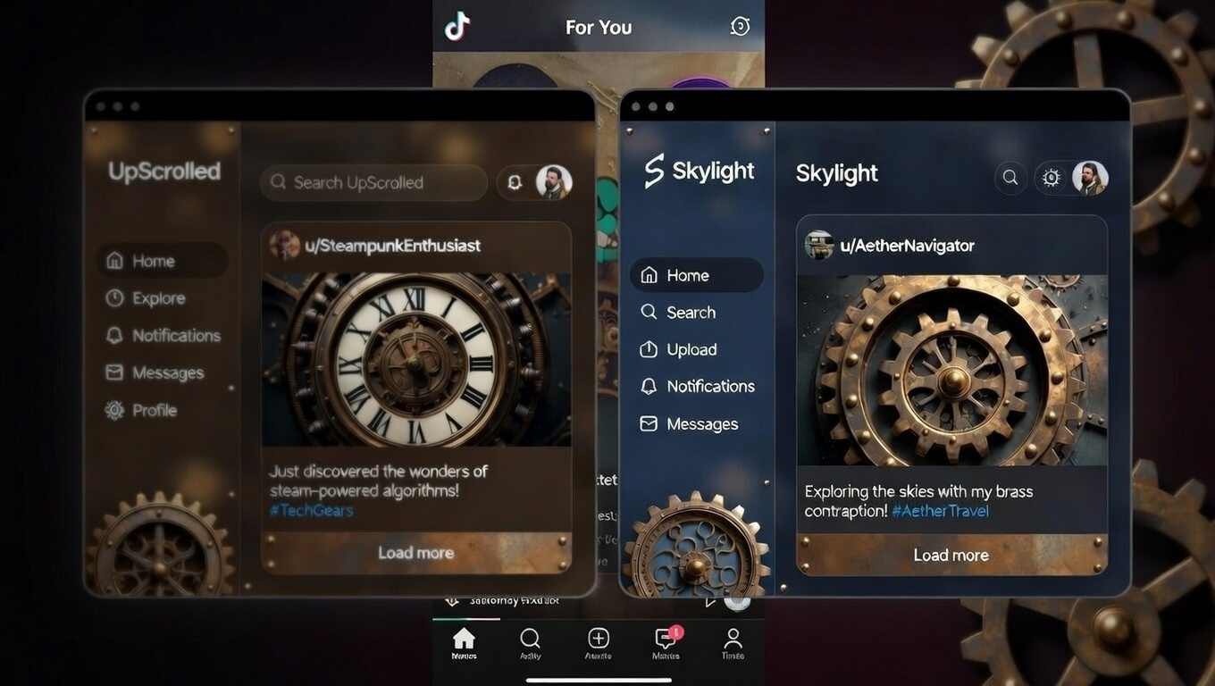 The interface of two applications, UpScrolled and Skylight, is designed in a steampunk style.